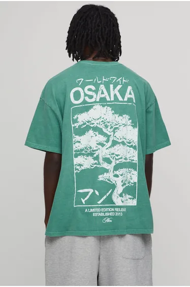 Washed Green Oversized Osaka Tree Print T-Shirt - green