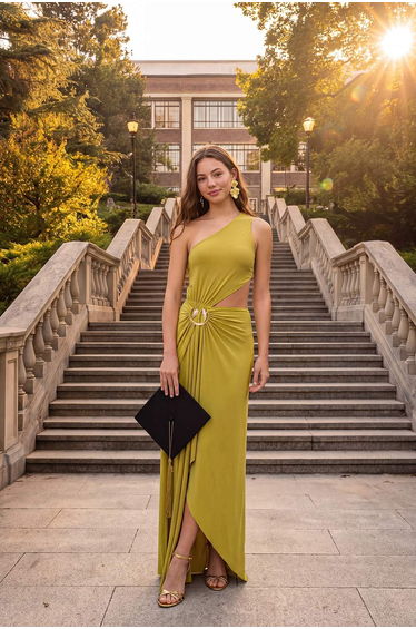 Oil Green Accessory Detailed One Shoulder Maxi Evening & Graduation Dress