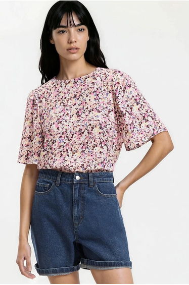Floral Print Short Sleeve Buttoned Blouse