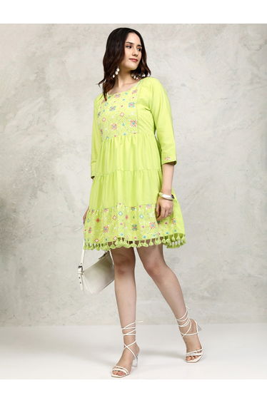 Embroidered Panel Pompom Detail A-Line Mini Dress