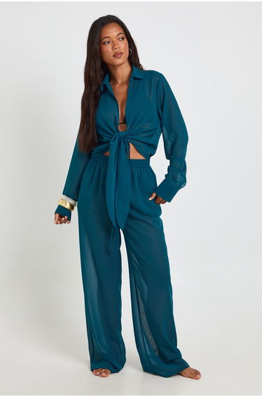 Chiffon Tie Front Shirt - teal