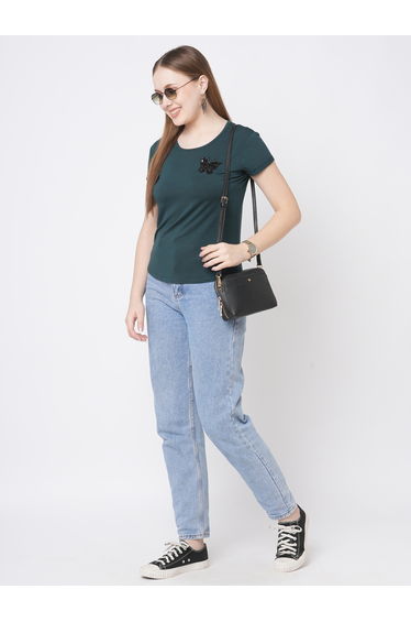 Women Green Embellished Butterfly Detail Short Sleeve T-Shirt