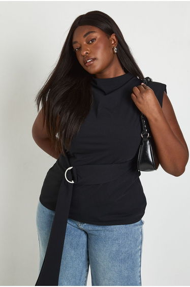 Plus High Beck Wrap Trim Detail Sleeveless Top - black