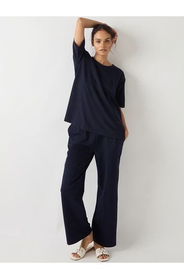 Navy Blue Cotton Short Sleeve Knit T-Shirt