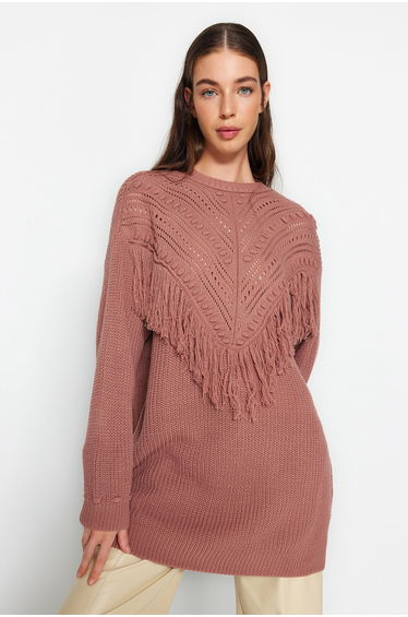 Dusty Rose Openwork and Tassel Detailed Tiko Thessaloniki Knitted Sweater