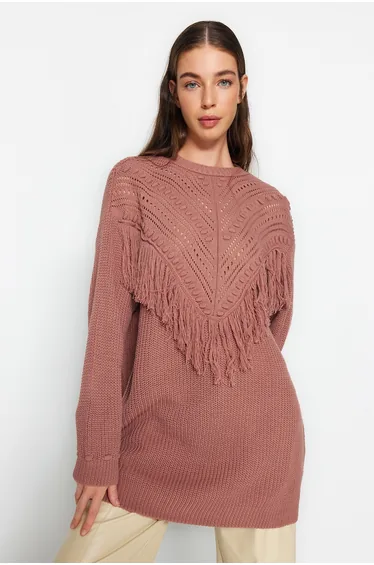 Dusty Rose Openwork and Tassel Detailed Tiko Thessaloniki Knitted Sweater