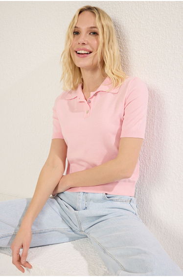 Pink Polo Neck Knitwear Blouse