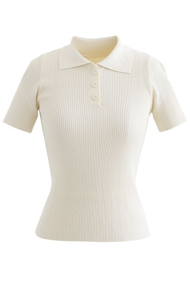 Triple Buttons Short Sleeve Fitted Knit Top in Cream