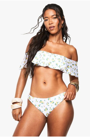 Floral Ruffle Bardot Bikini Top - white