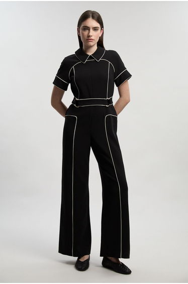 Compact Stretch Contrast Tipped Tab Detail Tailored Jumpsuit