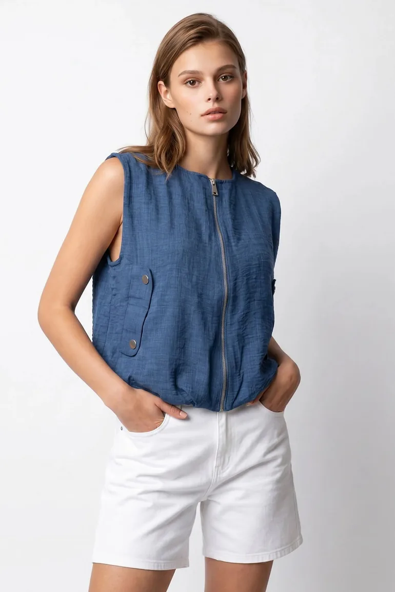 MIXRAY Women's Woven Poplin Waistcoat With Zip Front - 4