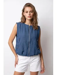 MIXRAY Women's Woven Poplin Waistcoat With Zip Front - 3