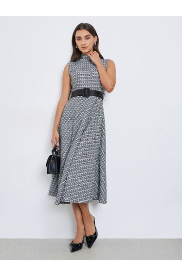 Black and White Belted Sleeveless A-Line Midi Dress