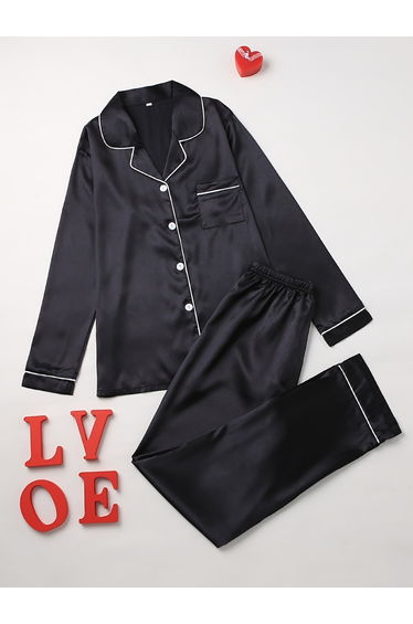 Women Black Long Sleeve Shirt and Pyjama Set