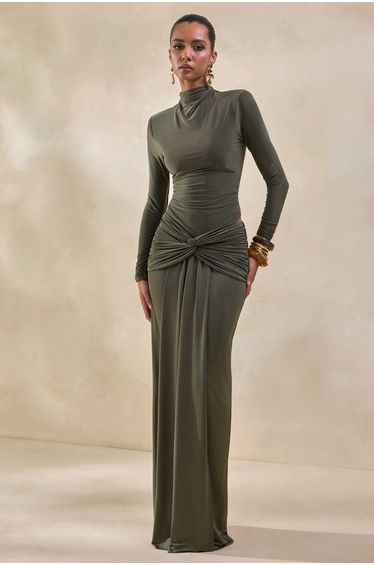 Theria | Khaki Maxi Skirt With Gathering And Knot Detail