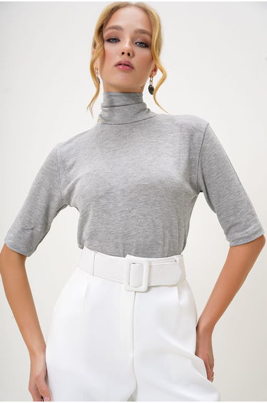 Women's Gray Turtleneck Half Sleeve Knitwear Blouse