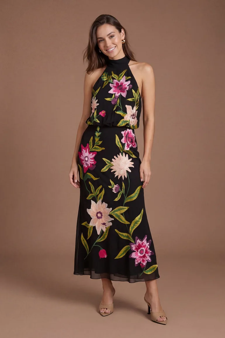 High Neck Midi Dress With Floral Embroidery