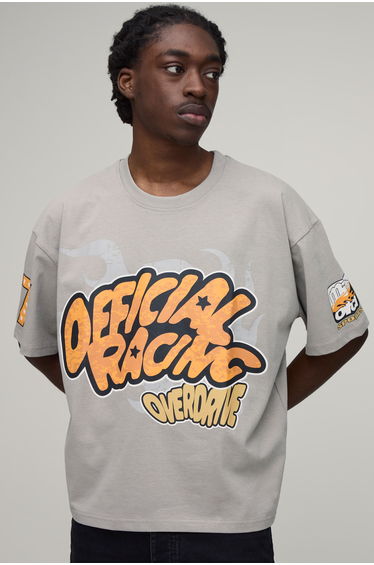 Oversized Boxy Fun Moto Graphic Puff Print T-Shirt - grey