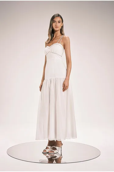 Cotton Diamonte Detail Woven Midi Dress