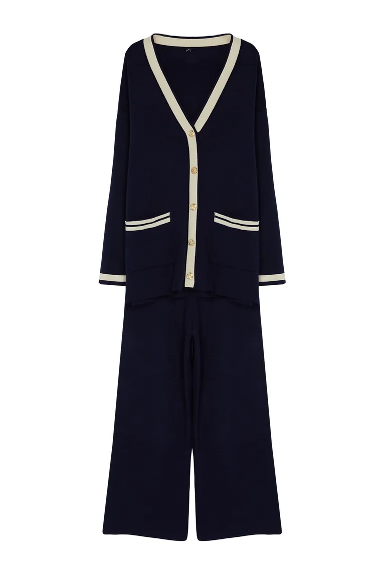 Navy Blue Color Block Gold Buttoned Pocket Cardigan-Trousers Knitwear Bottom-Top Set - 6