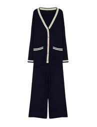 Navy Blue Color Block Gold Buttoned Pocket Cardigan-Trousers Knitwear Bottom-Top Set - 6