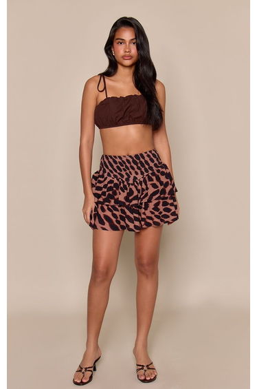 Abstract Animal Print Shirred Waistband Tiered Mini Skirt