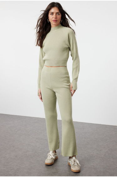Mint Crop Corded Knitwear Bottom-Top Set