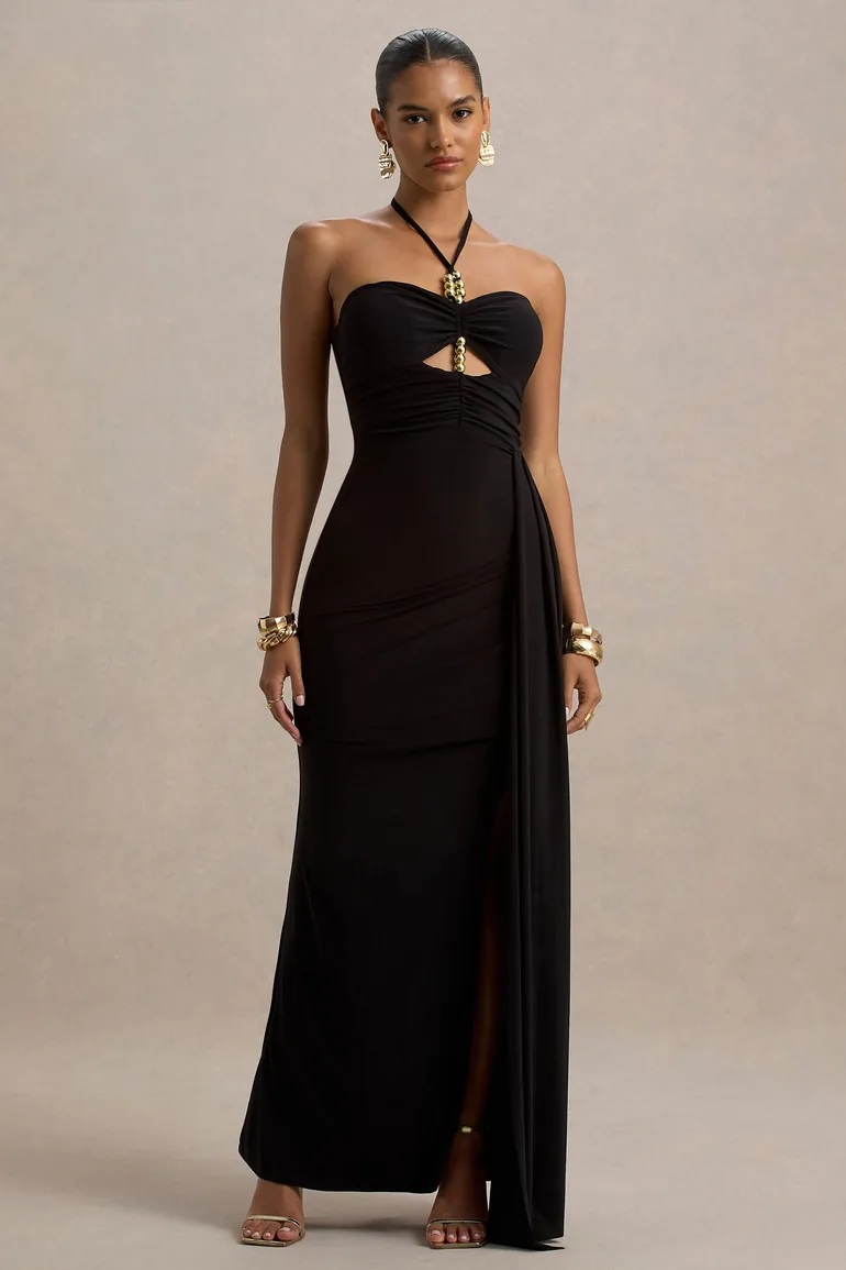 Mohito | Black Halter-Neck Cut-Out Maxi Dress With Split Club L London Black : Evening Dresses : VogaCloset Qatar Mohito | Black Halter-Neck Cut-Out Maxi Dress With Split Club L London Black : Evening Dresses : VogaCloset Qatar