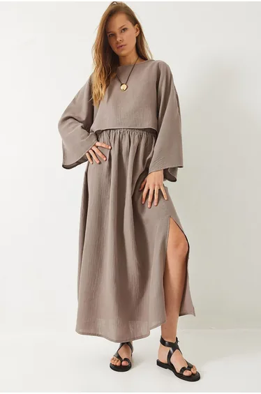 LUCCI Textured Crew Neck Long Tunic and Wide Leg Pants Set