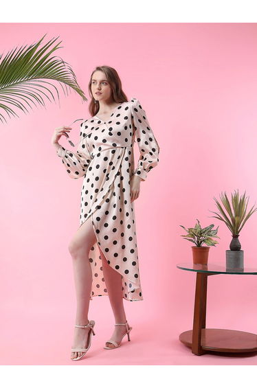 Polka Dot Print Wrap Style Midi Dress