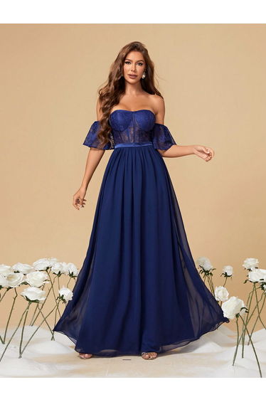 Leely Elegant Off The Shoulder Short Sleeve Evening Gown