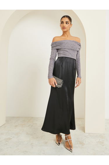 Black Satin A-Line Maxi Skirt