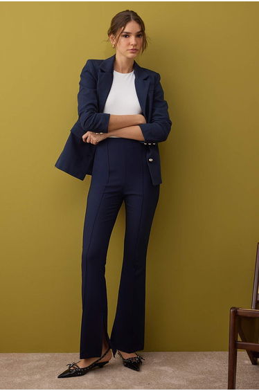 Navy Blue Flare Pattern Ribbed Trousers