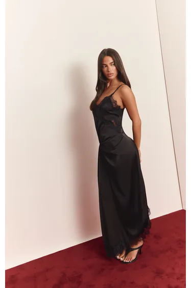 Black Satin Twist Detail Lace Hem Maxi Dress