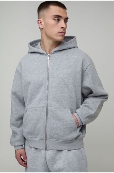 Basic Oversized Boxy Zip Through Hoodie - grey marl