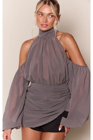 Grey Chiffon Shoulder Cut Out Blouse
