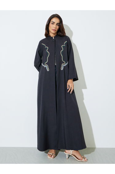 Black Stand Collar Abaya with Embroidery