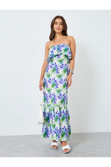 Women Floral Print Strapless Maxi Dress