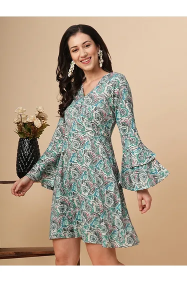 Women All-Over Print V Neck A-Line Mini Dress