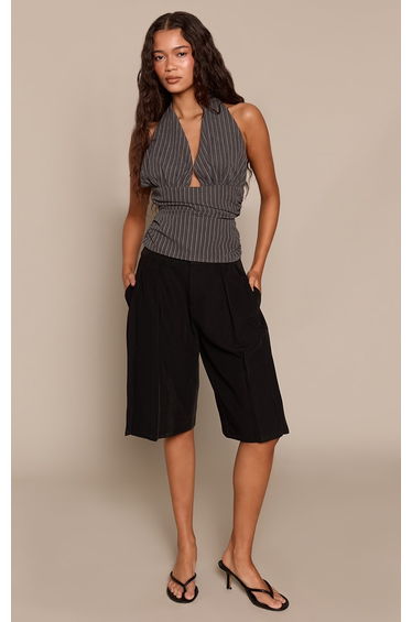 Charcoal Pinstripe Plunge Halterneck Top