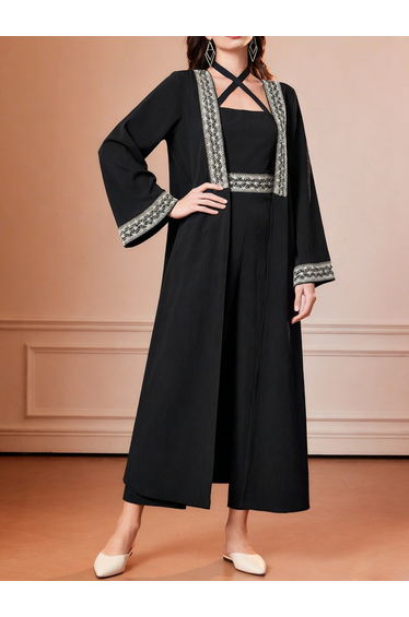 Black Embroidered Abaya with Dress Modest Set