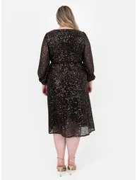 Lovedrobe Black & Gold Sequin Faux Wrap Long Sleeve Midi Dress - 2