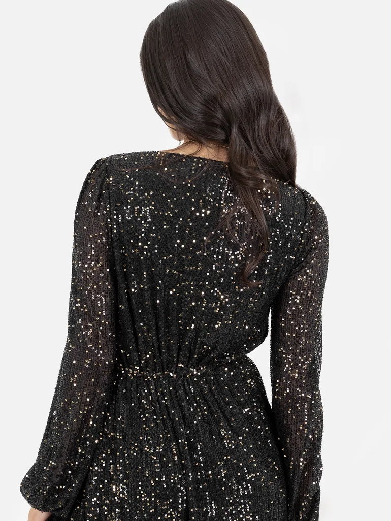 black gold sequins long sleeves midi dress Vestido All Nighter Long Sleeve Sequin - Black/Rose Gold