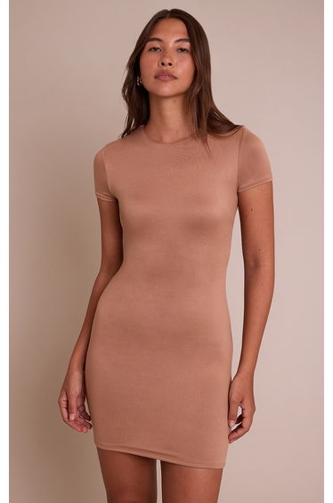 Taupe Soft Touch Jersey Cap Sleeve Bodycon Dress