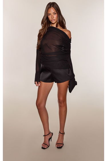 Black Chiffon Drape Long Sleeve Top