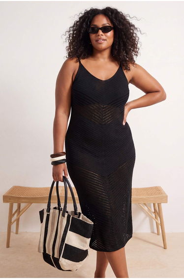 Beachwear Black Midi V-Neck Knitwear Beach Dress