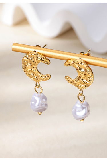 Hammered Moon Baroque Pearl Drop Earrings