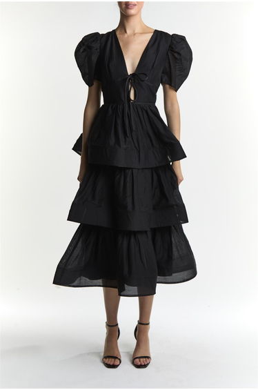 Emma Black V-Neck Tiered Midaxi Dress with Tie
