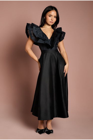 Petite Volume Frill Shoulder Midi Dess