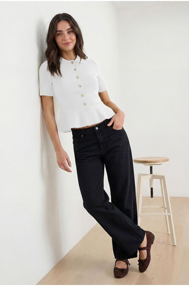 Ecru Peplum/Waist Fitted Button Detailed Knitwear Blouse